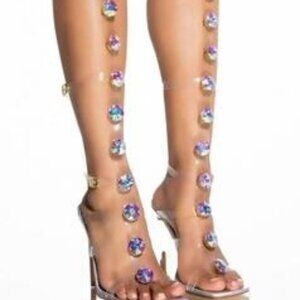 Stasia on Ice (TALL): Azalea Wang PVC Gladiator Silver Stiletto 9